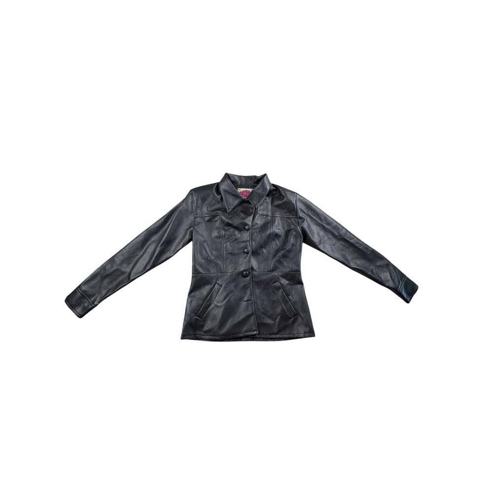 Vintage Highway Black Faux Leather Jacket Womens Medium Button Front